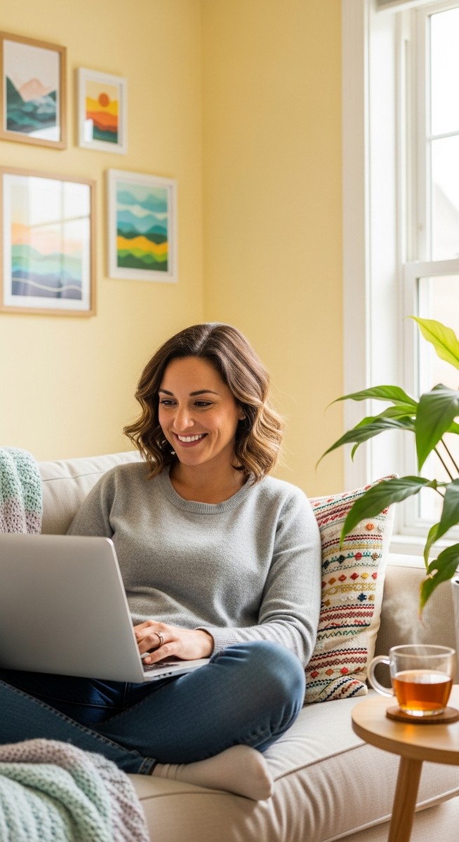 a woman smiling while working on her laptop at home for earning with surveys