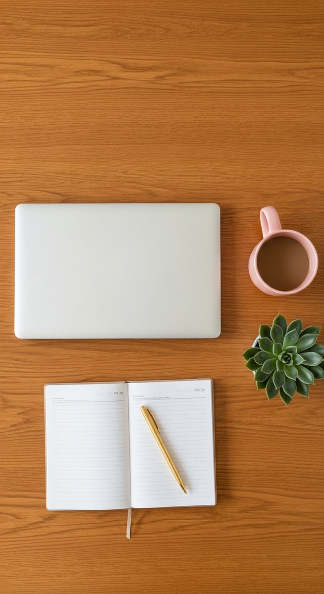 a flatlay of a planner, laptop, and succulent on a wooden surface for earning with surveys