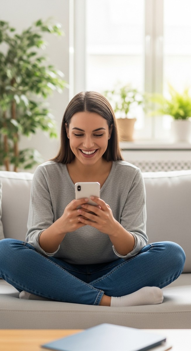 a woman smiling at her phone in a bright living room for earning with surveys