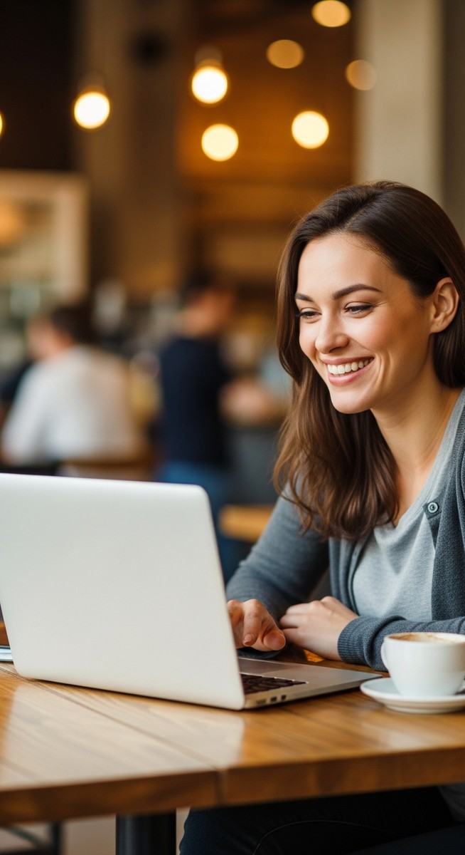 woman working happily on her laptop