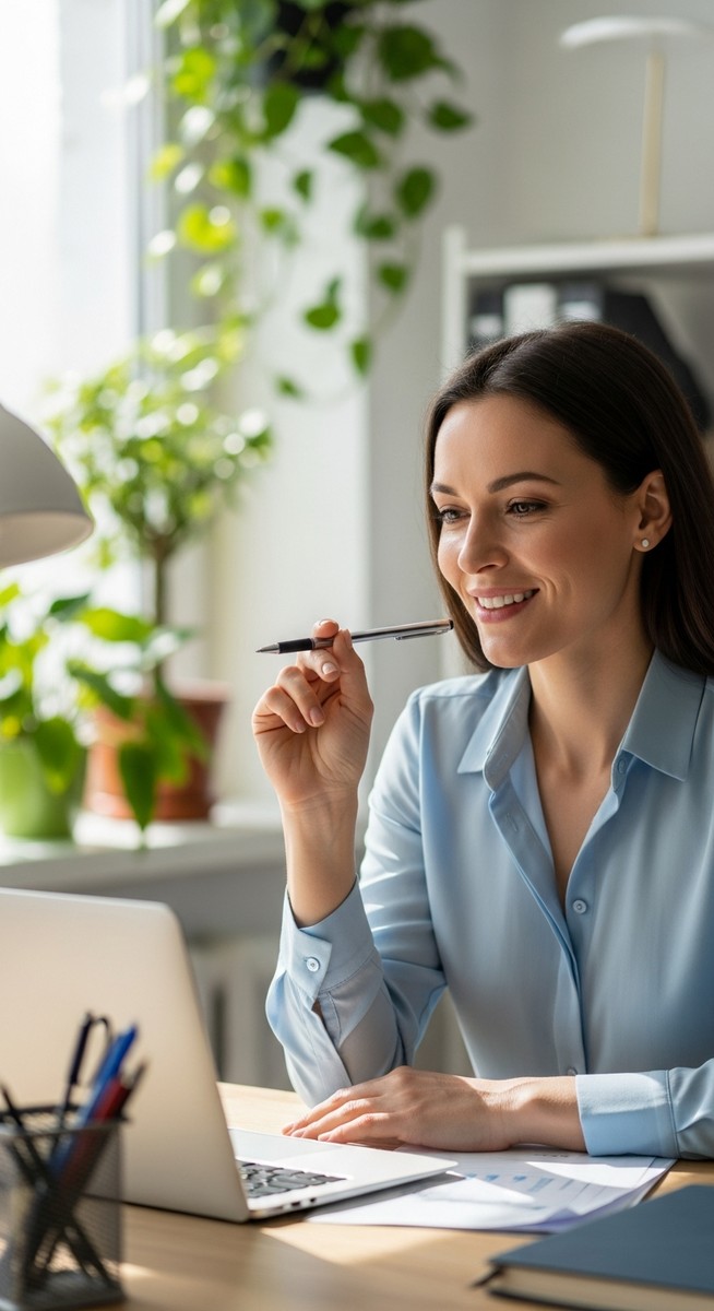woman smiling and thinking at her home office desk