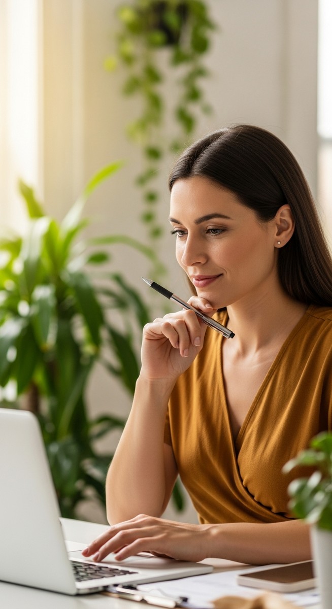 a woman smiling and thinking at her home office desk for earning with surveys