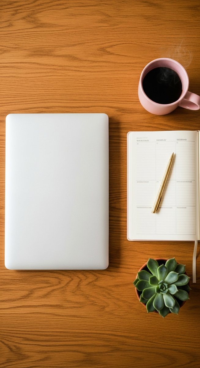 a flatlay of a planner, laptop, and succulent on a wooden surface for earning with surveys