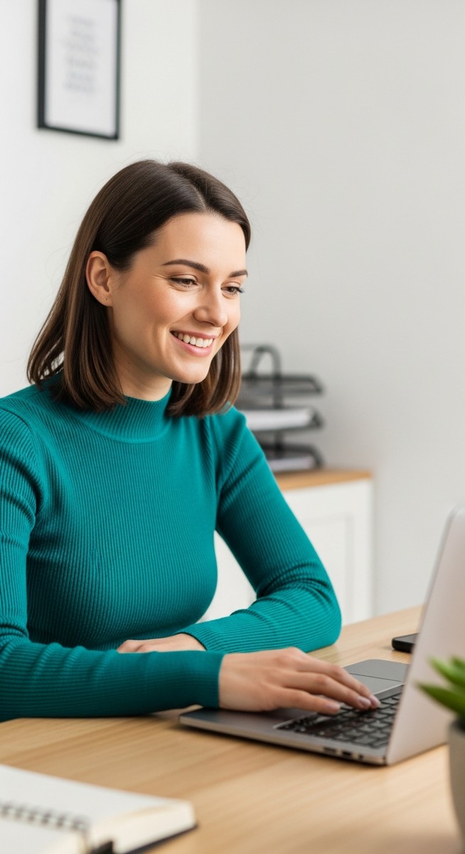 woman looking satisfied at her laptop screen at home