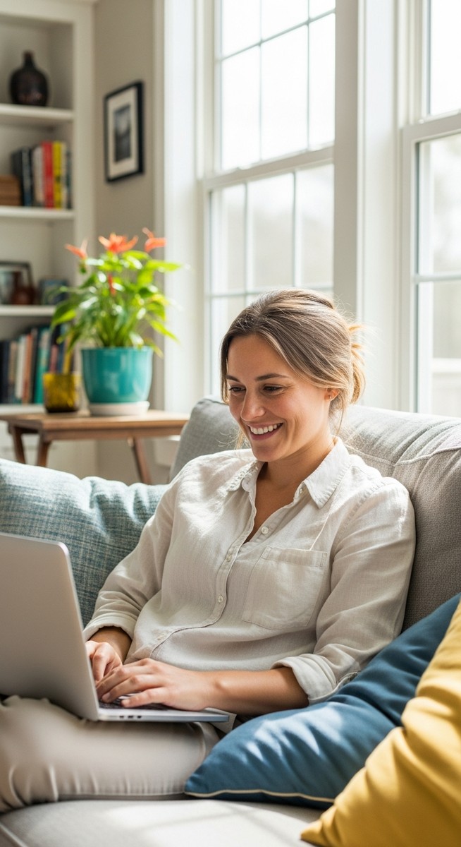 woman smiling while working on her laptop at home
