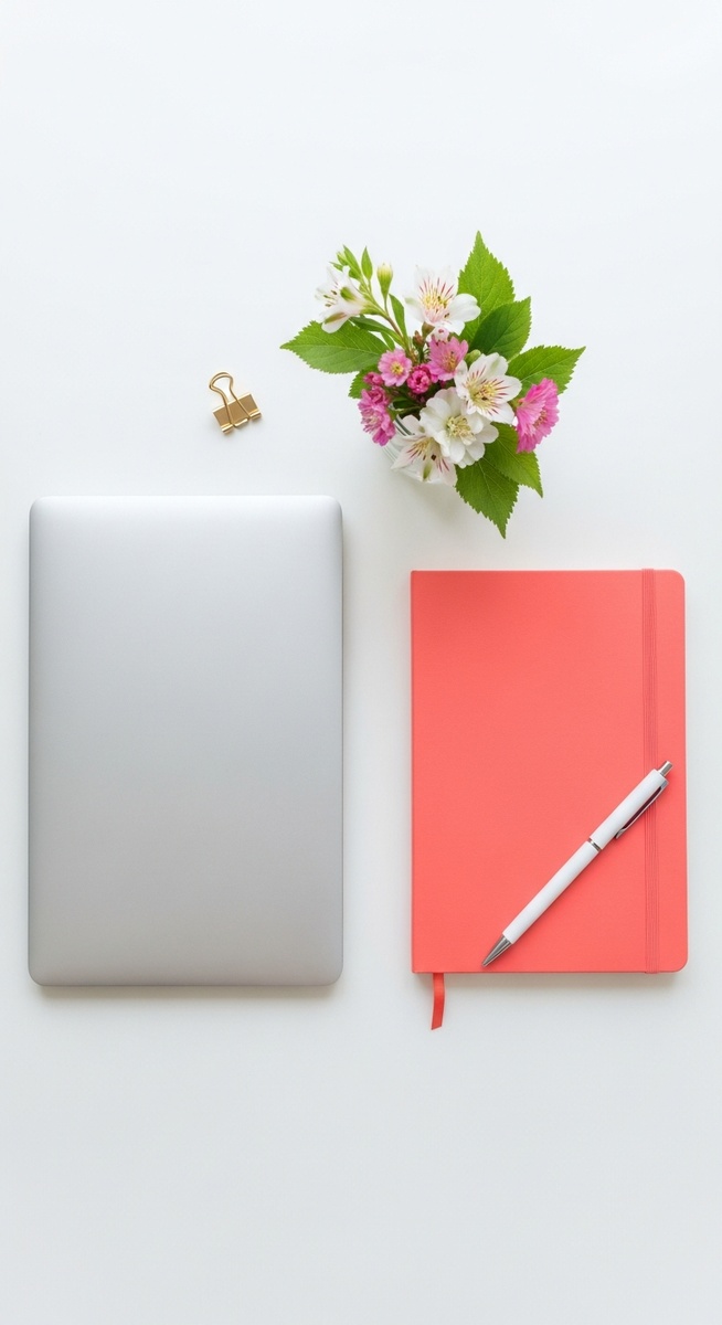 flatlay with laptop and other items on a white surface