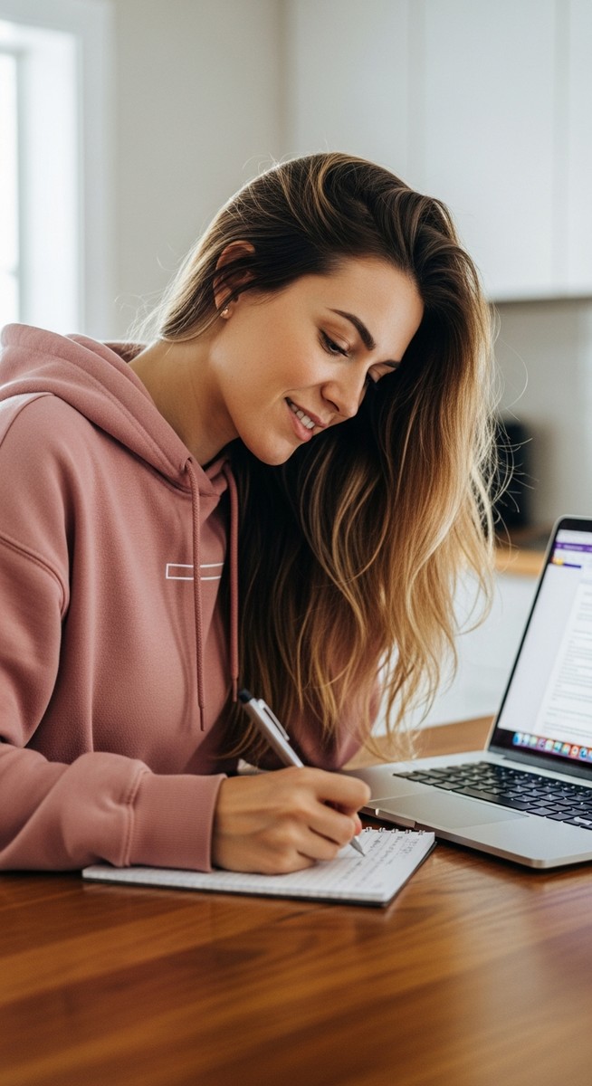 young woman taking notes next to her laptop at a kitchen table