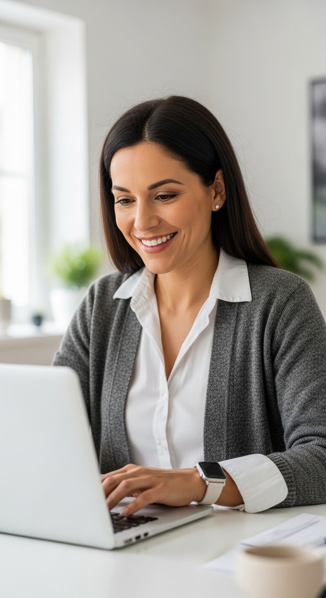 a woman working confidently on her laptop at a bright home desk for testing apps