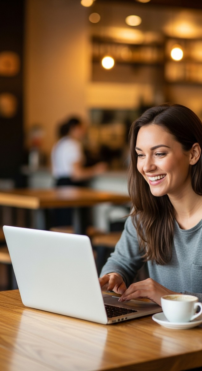 woman working happily on her laptop