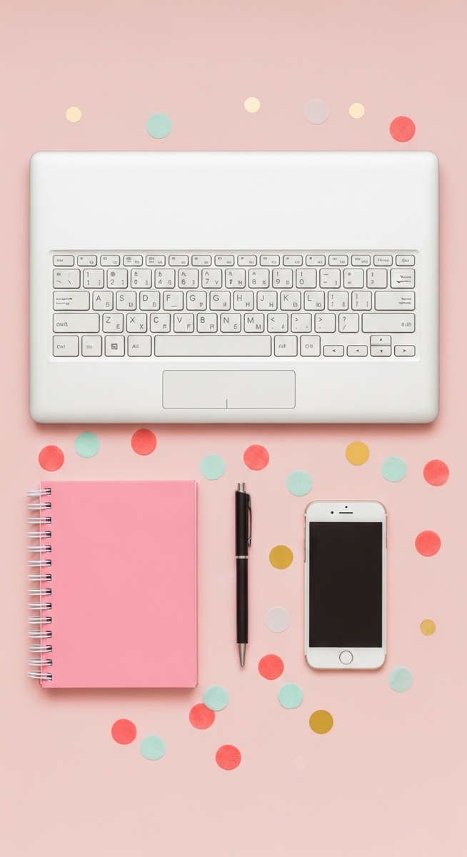 a pink flatlay with laptop, notebook, and phone for testing apps