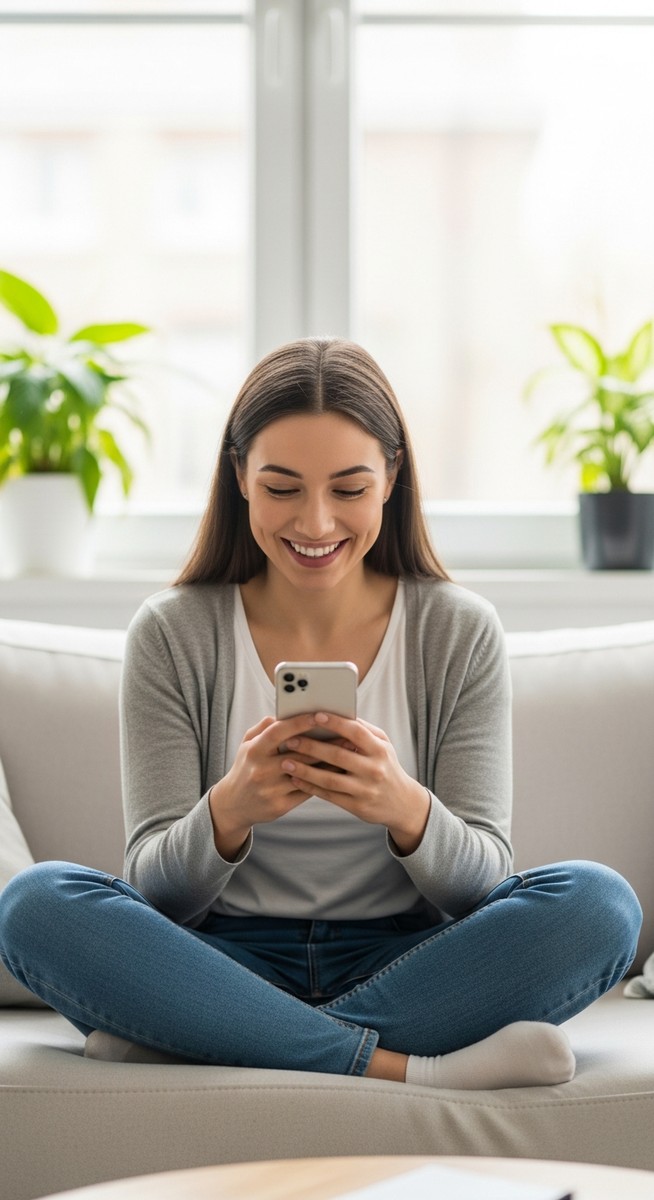 woman smiling at her phone in a bright living room