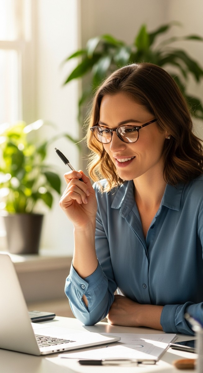 woman smiling and thinking at her home office desk