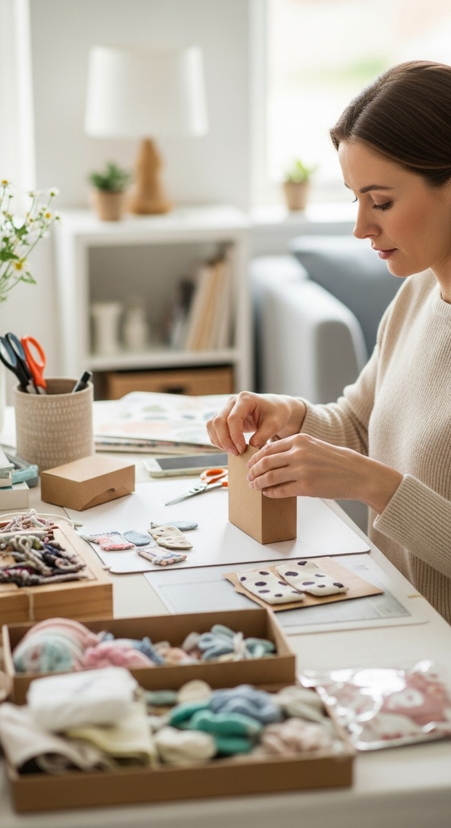 woman packaging handmade products at a table