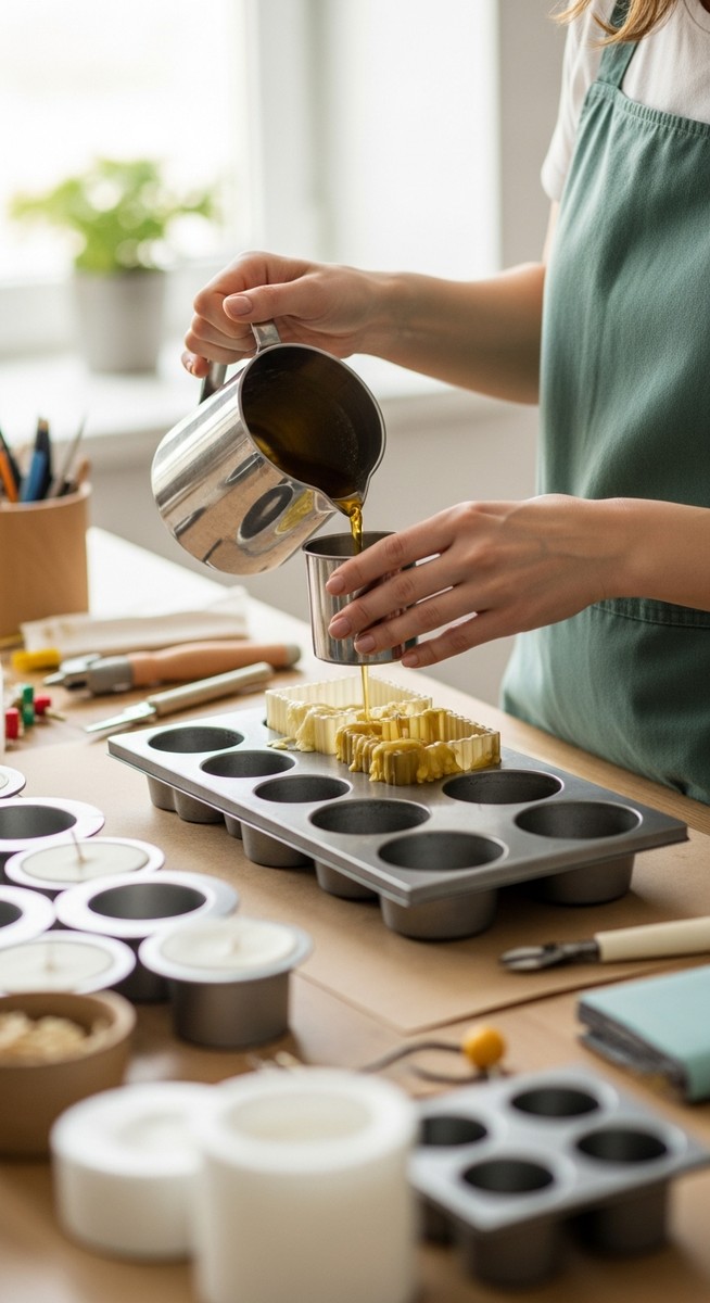 woman's hands making candles at a craft table