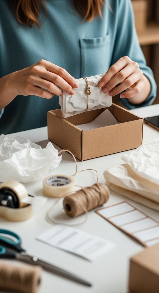 woman packing a handmade item ready to ship