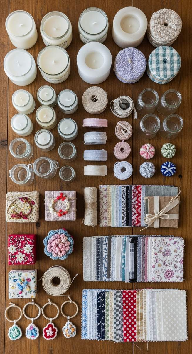 overhead flatlay of handmade craft supplies and products