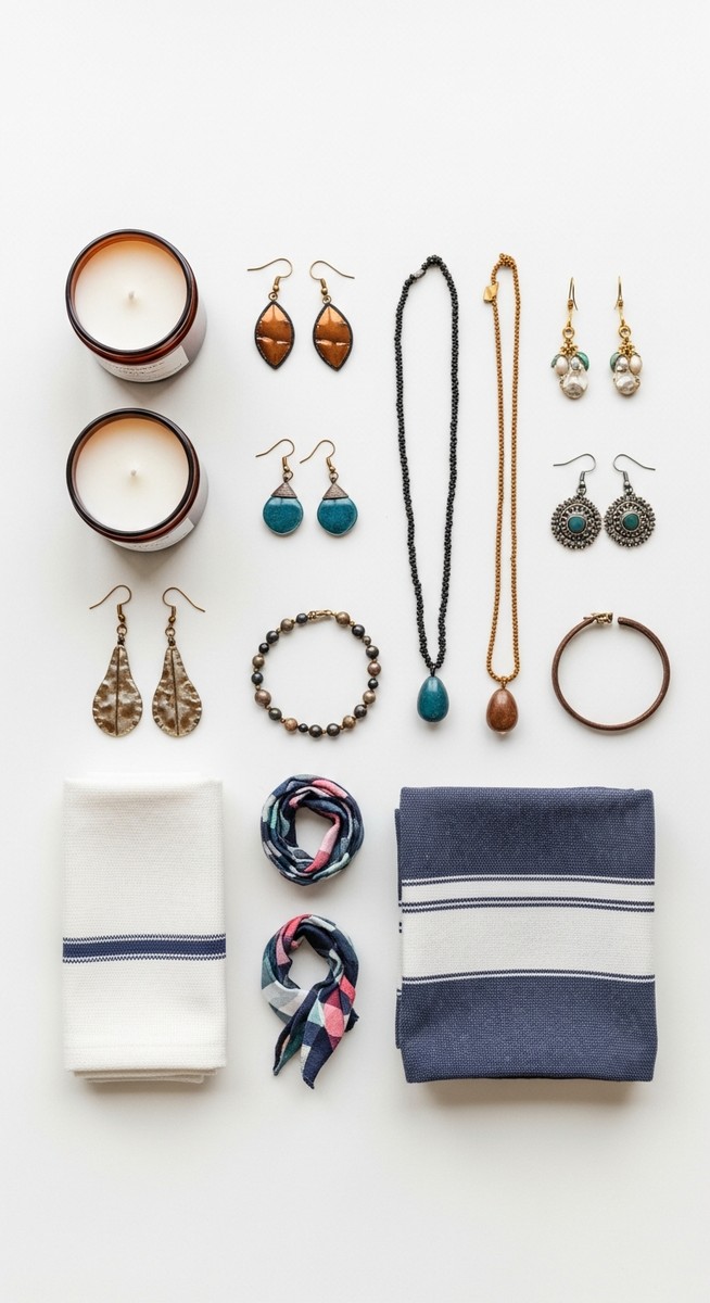 flatlay of finished handmade products on a white surface