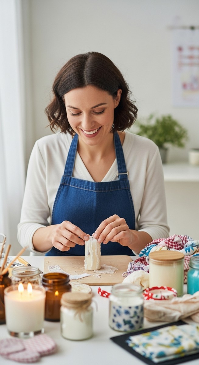 woman making handmade products at a craft table