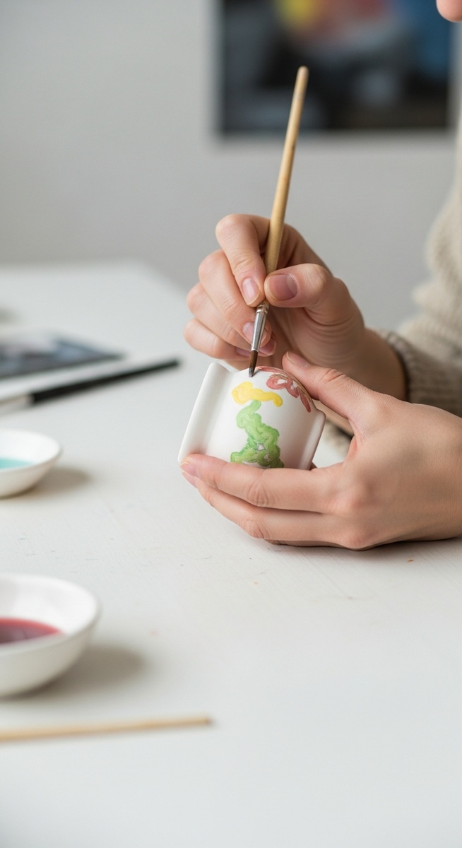 woman's hands painting a small ceramic item