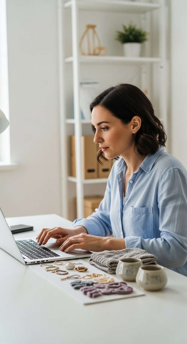 woman listing handmade products for sale on her laptop