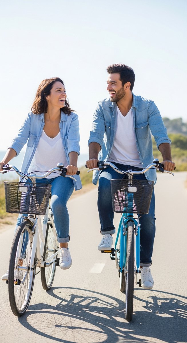 couple laughing on a bike ride along a sunny park path
