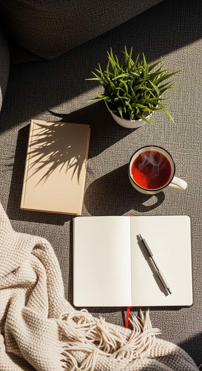 flatlay of a book, a blanket, a mug of tea, a journal and a small plant on a sofa