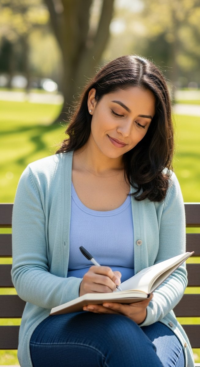 woman writing in a journal on a park bench in a sunny park