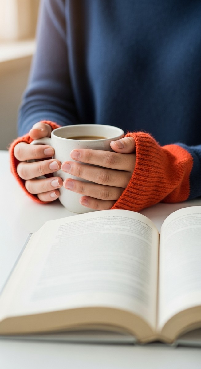 hands wrapped around a mug of coffee beside an open book on a bright surface