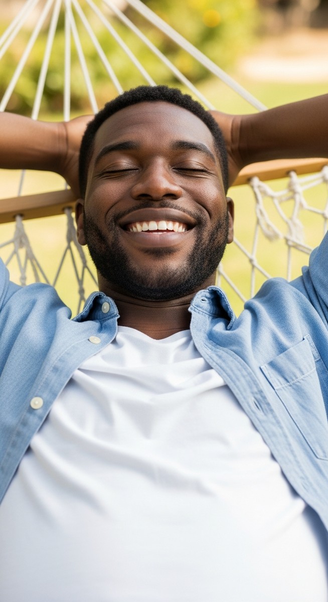man lying in a garden hammock with a relaxed and rested expression