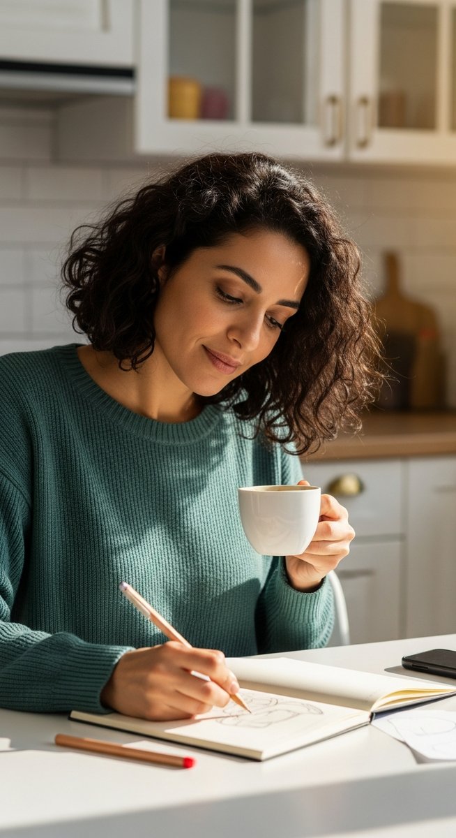 woman sketching in a sketchbook at a kitchen table with a coffee