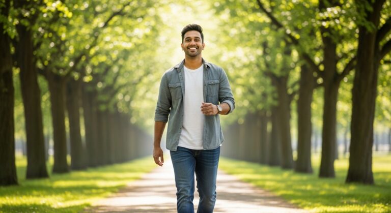man on a morning walk along a bright tree-lined path looking relaxed