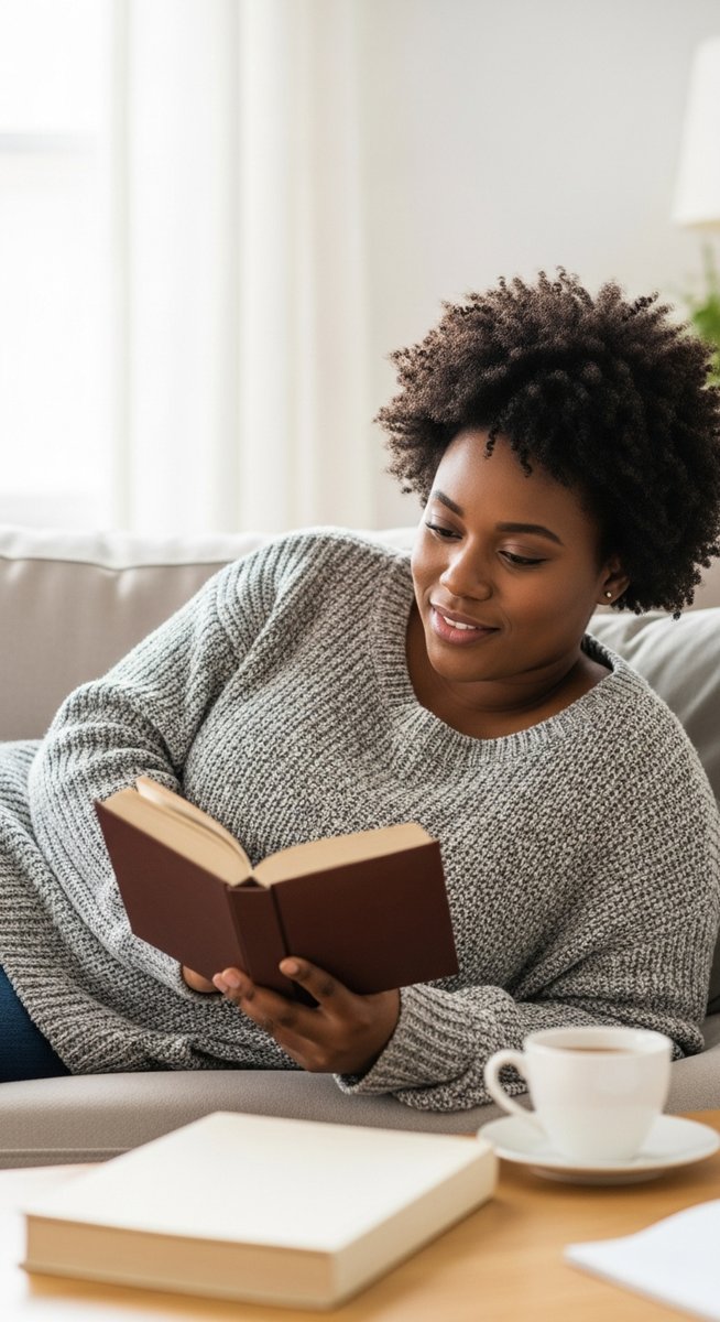 woman lying on a sofa reading a book with a cup of tea beside her
