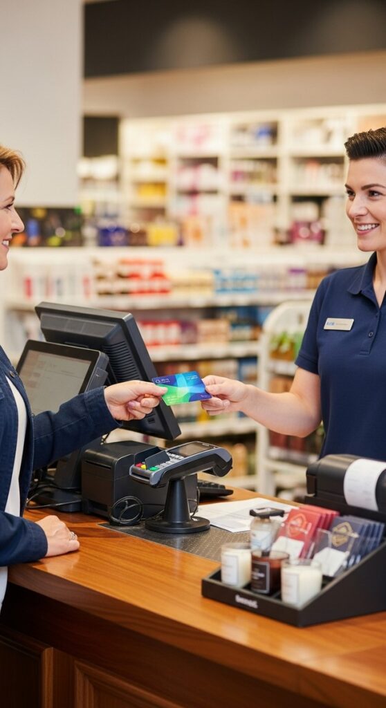 woman paying with a gift card at a shop counter