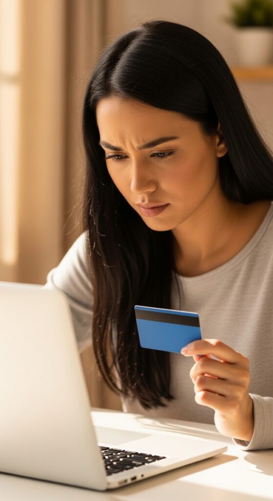 a woman with a gift card and laptop at a home desk to get gift cards