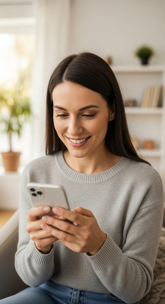woman looking satisfied at her phone at home