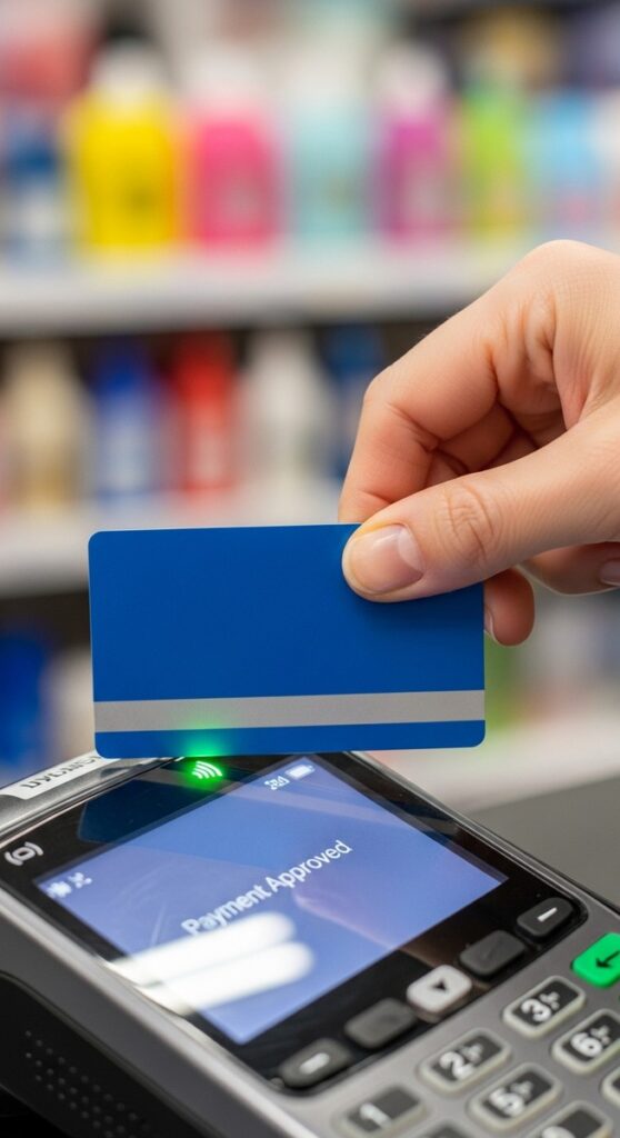 a hand tapping a gift card on a payment terminal to get gift cards
