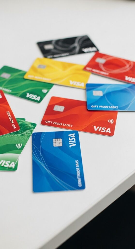 several gift cards spread out on a white desk