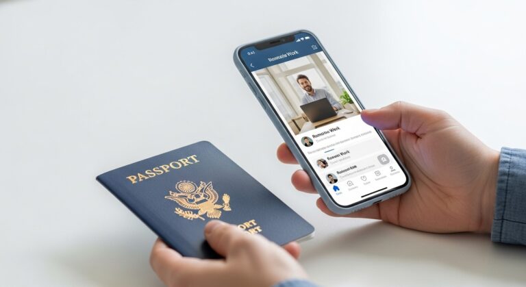 hands holding a passport and a smartphone showing a travel app