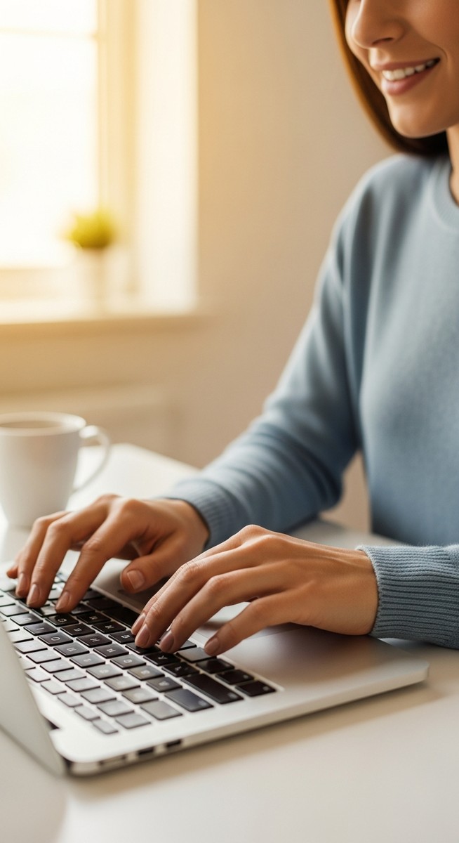 woman typing on a laptop at a bright clean desk