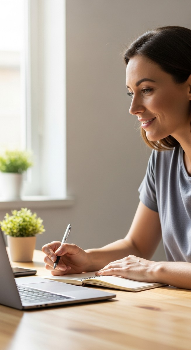 woman smiling and thinking at her home office desk