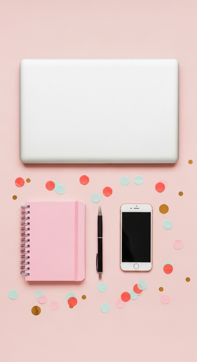 pink flatlay with laptop, notebook, and phone