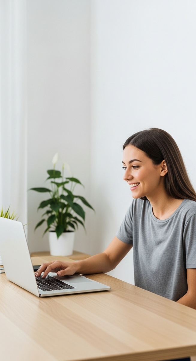 woman looking satisfied at her laptop screen at home