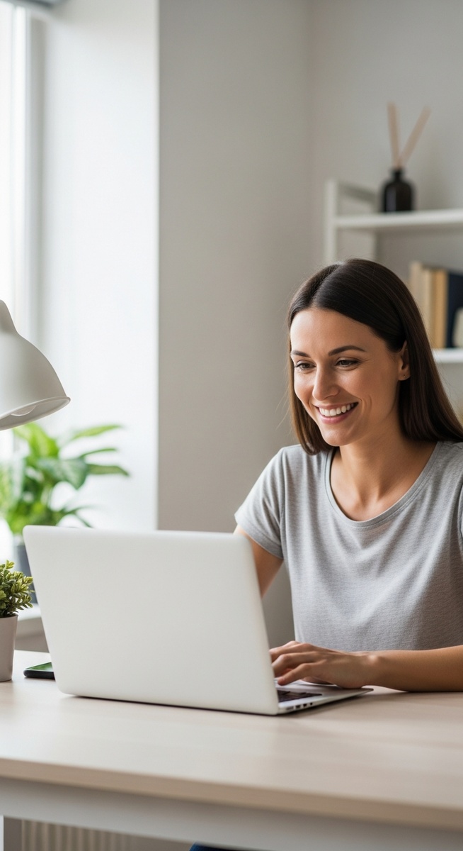 woman working confidently on her laptop at a bright home desk