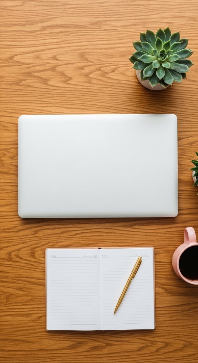 flatlay of a planner, laptop, and succulent on a wooden surface