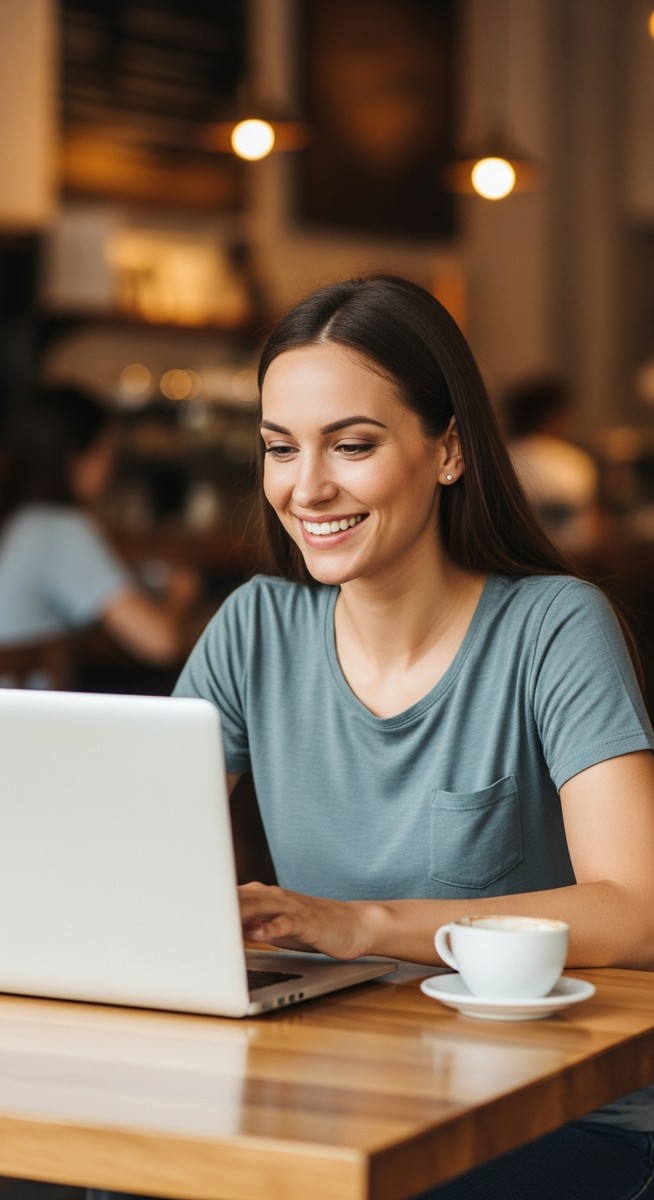 woman working happily on her laptop