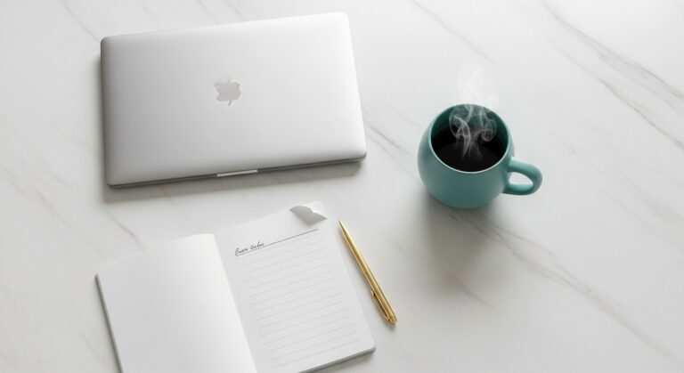 flatlay of a laptop and teal mug on a marble surface