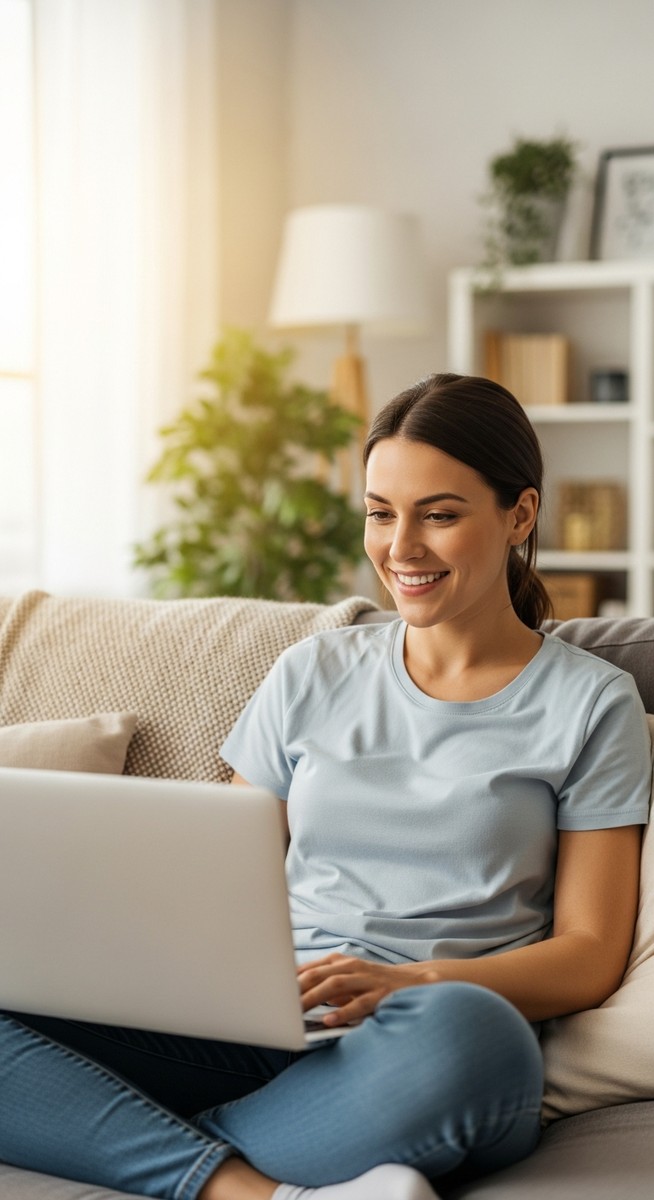 woman smiling while working on her laptop at home