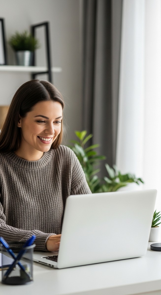 woman working confidently on her laptop at a bright home desk