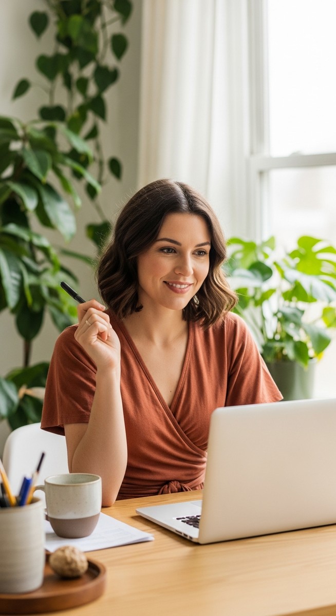 a woman smiling and thinking at her home office desk for virtual assistant work