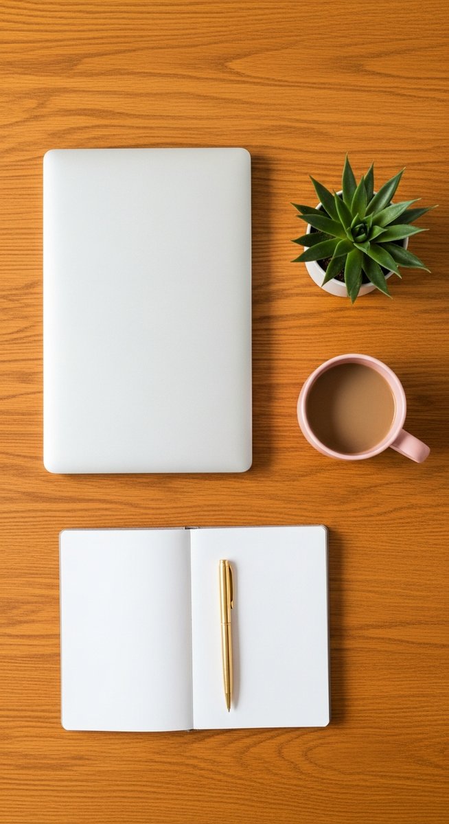 flatlay of a planner, laptop, and succulent on a wooden surface